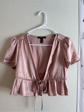 Forever 21 Blush Pink Satin Tie-Waist Peplum Blouse